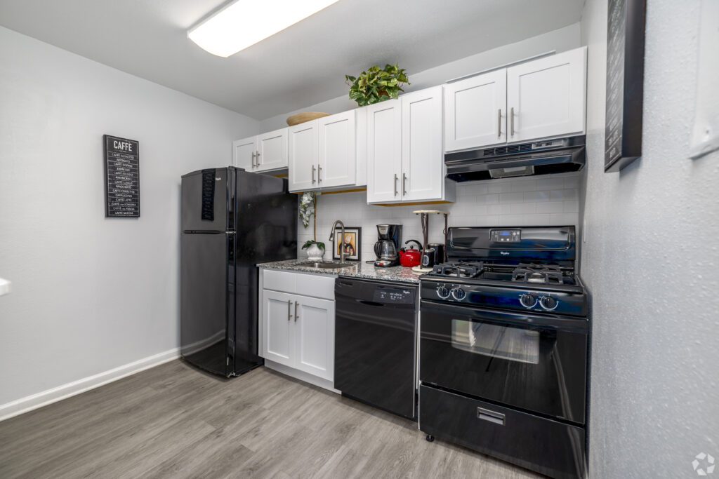 Modern kitchen with white cabinets, black appliances including a refrigerator, dishwasher, and stove, gray wood-style flooring, and minimal decor like plants and kitchen utensils on the counter.